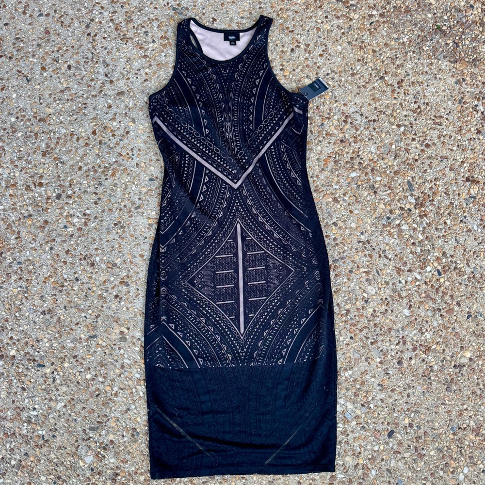 NWT Mossimo BodyCon Black Laser Cut Art Deco Pattern Nude Underlay Midi Dress XS